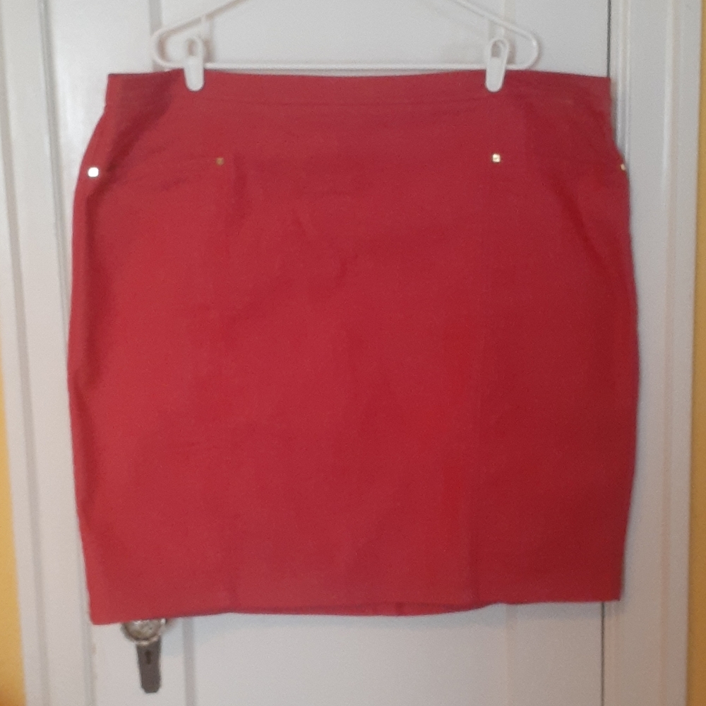 Red stretch denim pencil skirt